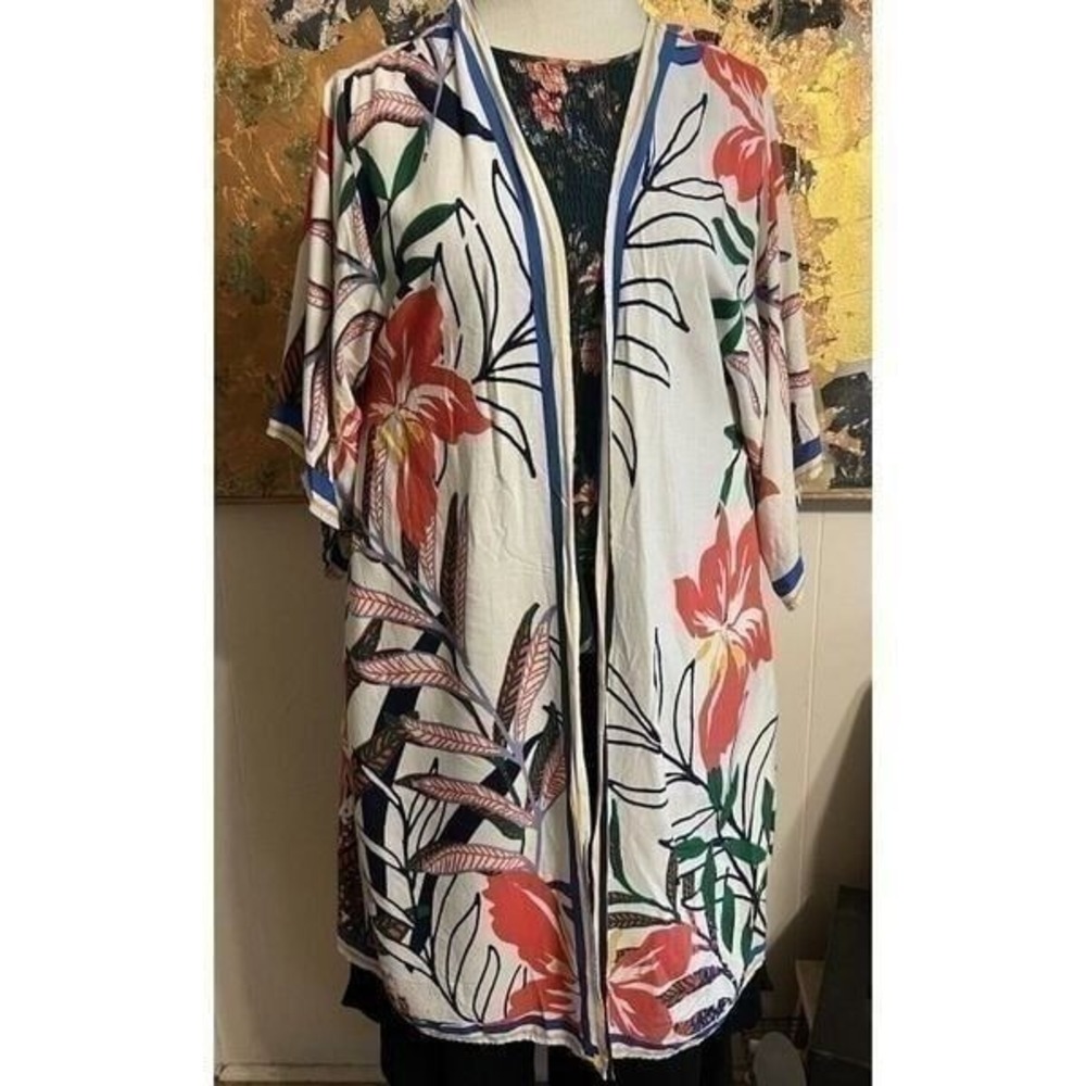Flying Tomato Womens M/L Duster Kimono White Multi Hibiscus Print 3/4 Sleeves